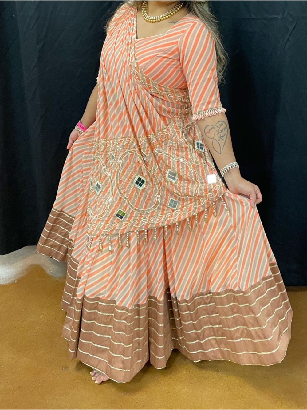 Embroidered Peach Striped Maxi Dress with Mirror Detail - Picture 2 of 2